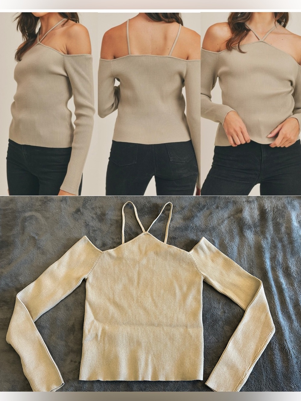 MABLE Ribbed Cold Shoulder Strappy Back Top Beige Taupe S NWOT